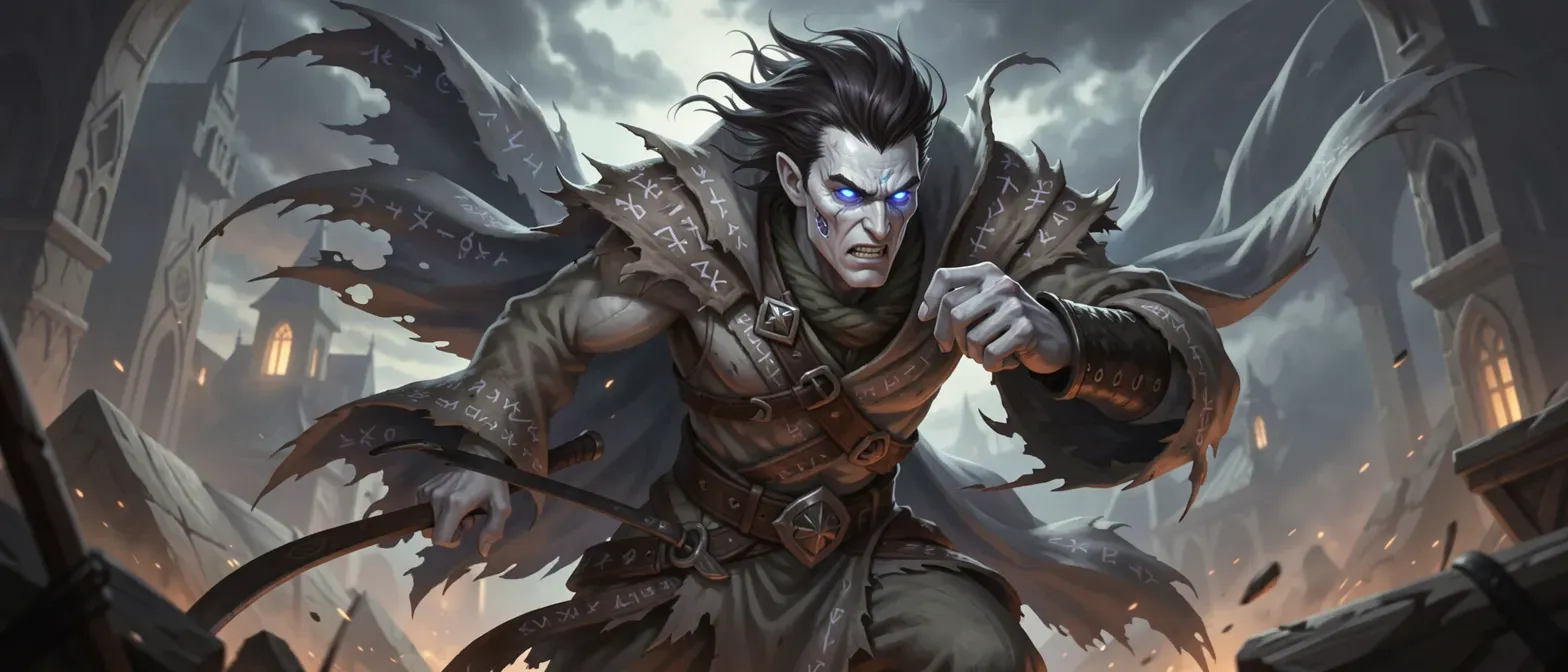 Sharp-featured man with twitching dark hair, glowing eyes, pale skin, and tattered rune-etched robes, appearing otherworldly and altered.
