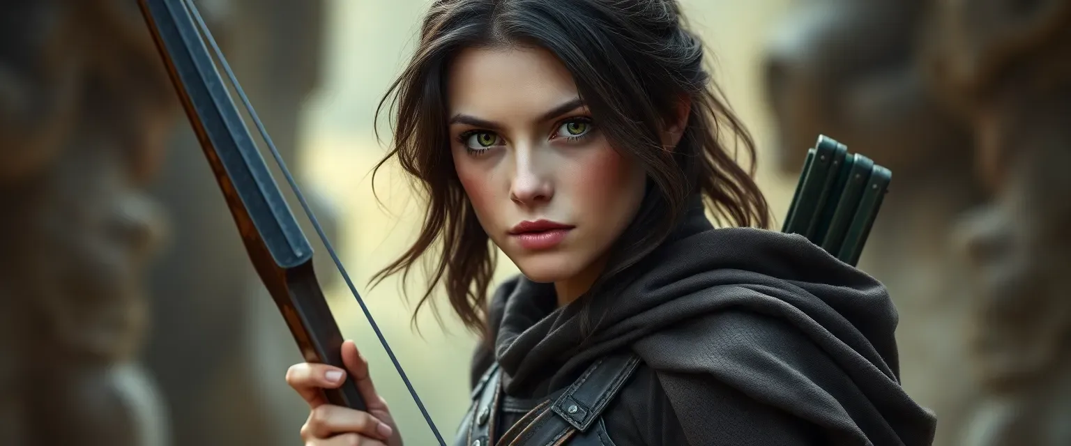 A 42-year-old woman with dark hair and green eyes, wearing a leather tunic and cloak, holding a longbow.