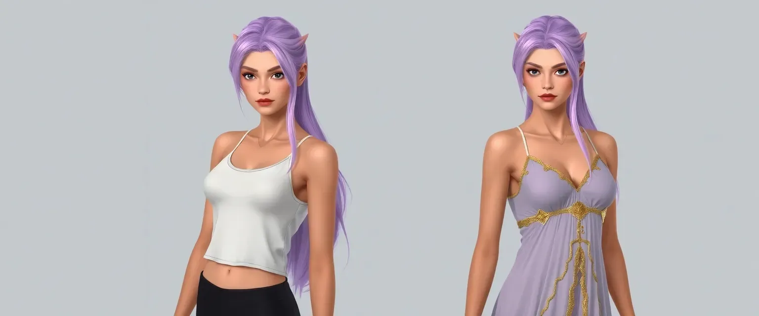 19-year-old Naida with pastel lavender hair, sharp face, fierce grey eyes, long limbs, wearing a white tank top and black leggings, later in flowing dresses with golden threads.