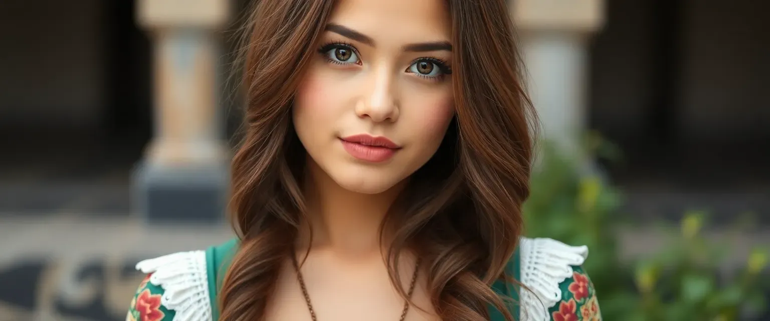 Young woman with chestnut hair and dark eyes, blending Irish and Filipino styles in her attire.