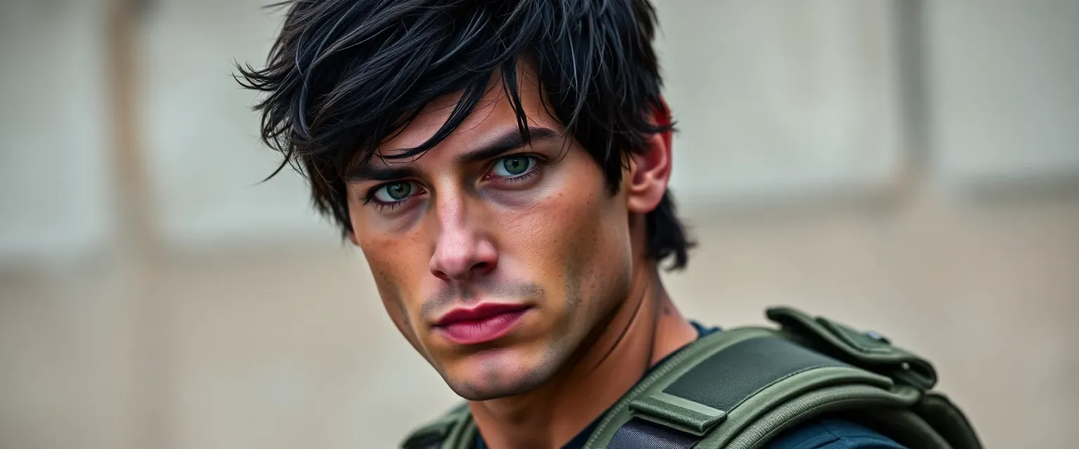 Athletic ex-Navy SEAL with tousled black hair, striking green eyes, and pouty lips. Wearing tactical gear with visible combat scars. Confident stance, military bearing.