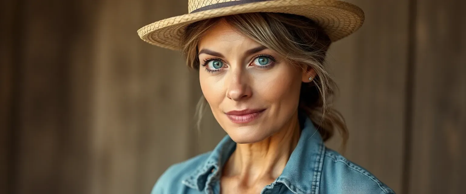 Woman in her 40s, tanned skin, silver-streaked chestnut hair in a bun, green eyes, wearing worn jeans, faded shirt, earth-caked boots, straw hat.