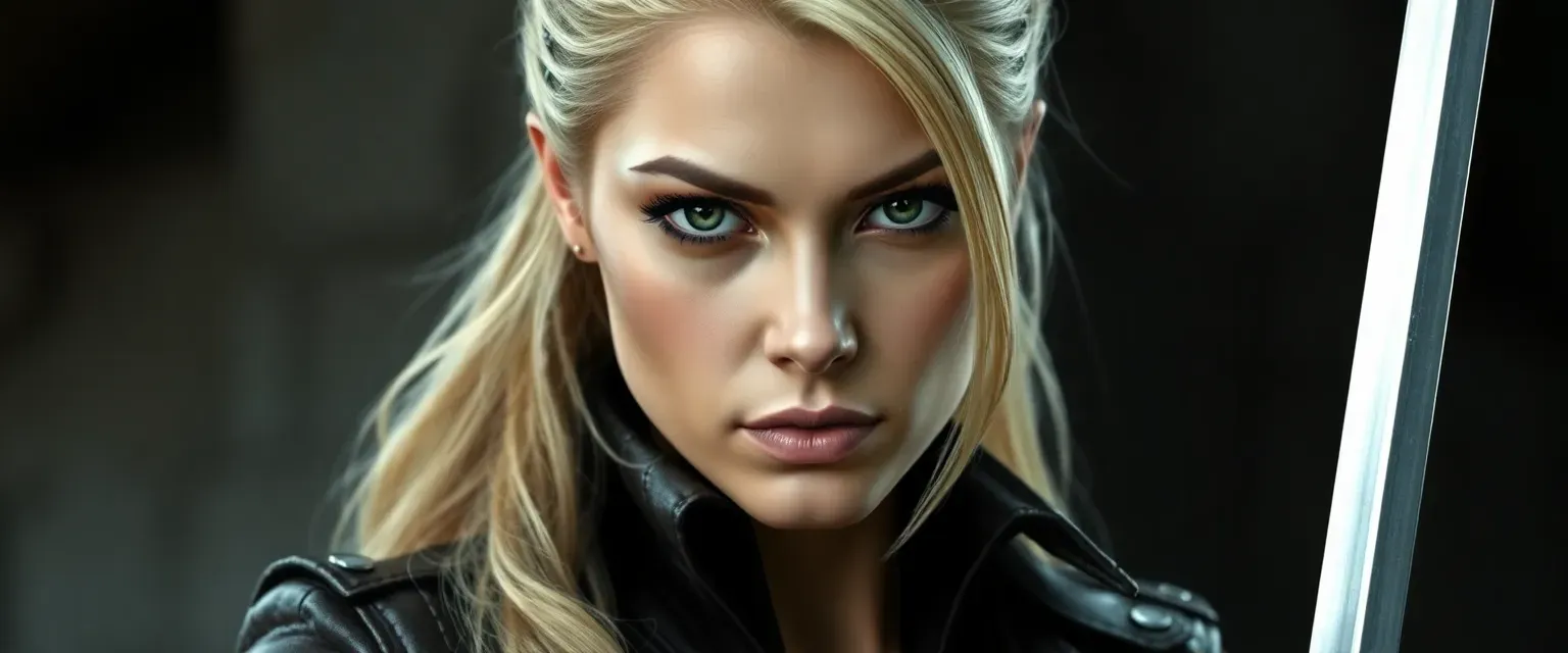 Blonde woman, dark eyes, muscular, leather jacket, daggers, mysterious, 32 years old.