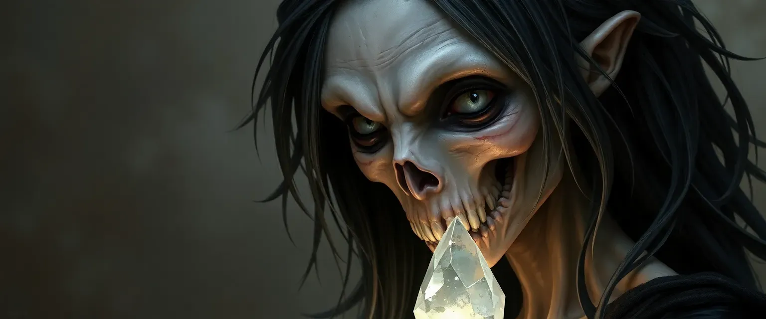 Pale, gaunt witch with a crystal fused into her skull, silver-black hair, haunting eyes.