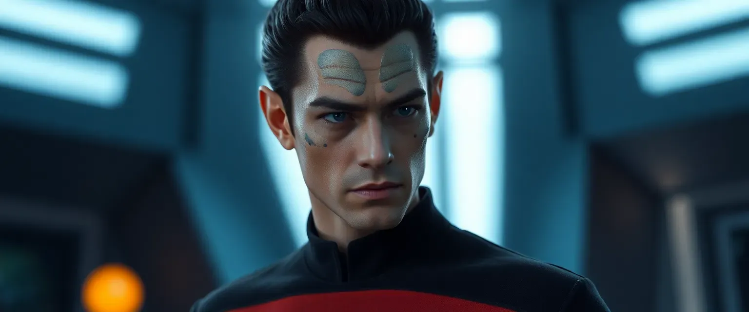 Trill male with distinctive spots, lean build, wearing a Starfleet uniform, focused expression.