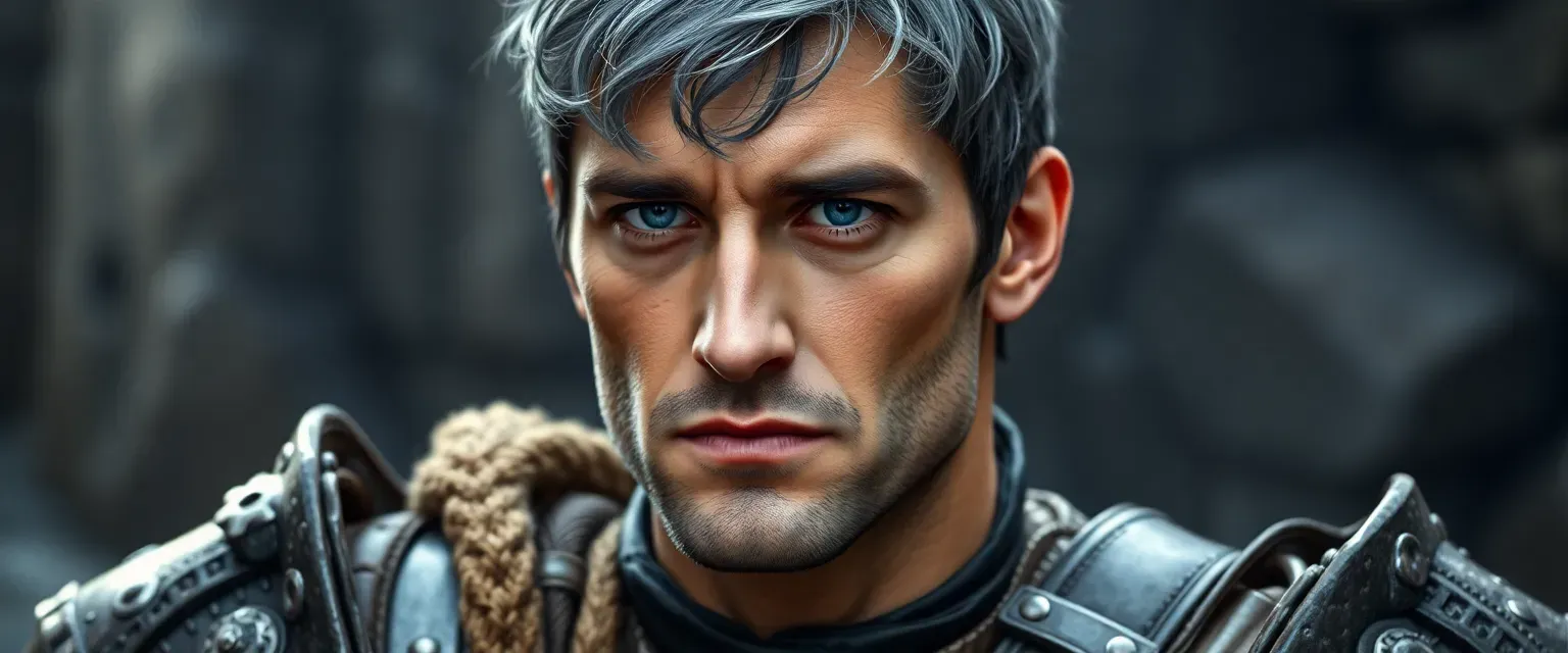 A man in his late thirties with short, gray-streaked dark hair and piercing blue eyes, wearing hardened leather armor.