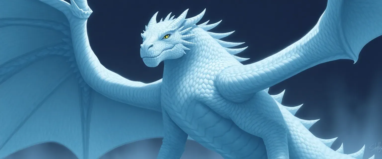 A towering female white dragon with icy scales, piercing eyes, and a commanding presence.