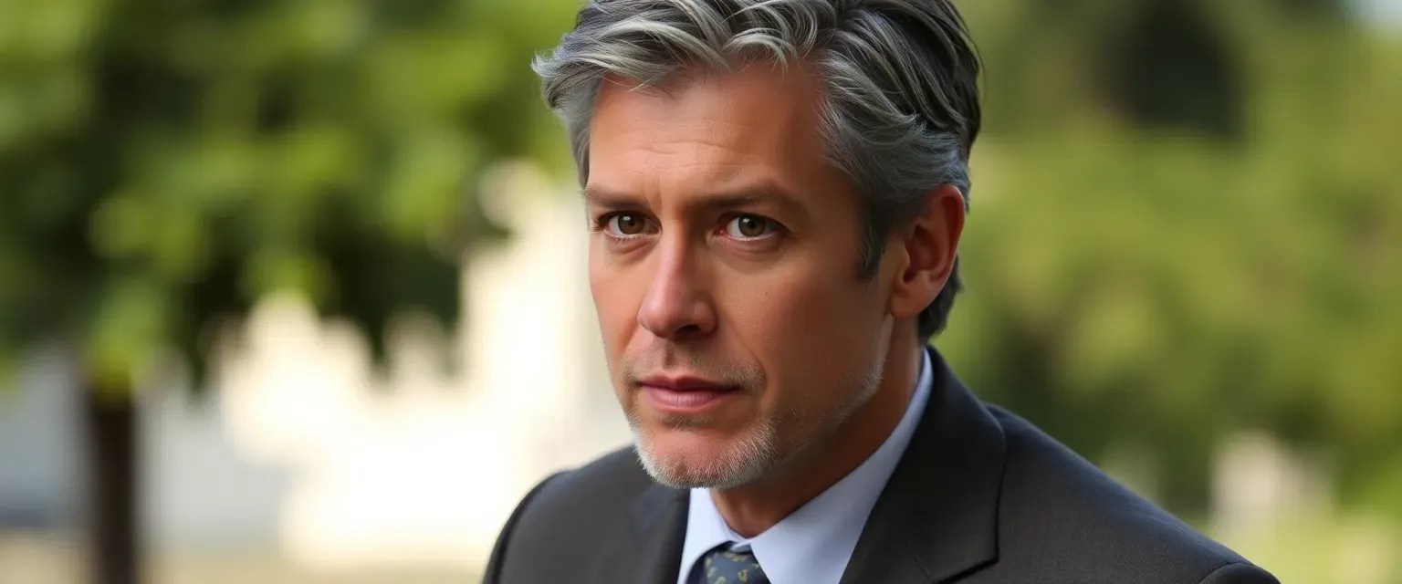 Distinguished 42-year-old actor with salt-and-pepper hair, sharp hazel eyes, and a tall, well-dressed figure in tailored suits.