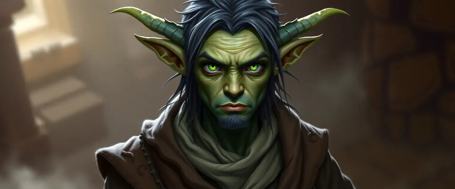 A changeling with green eyes, shifting from youthful to rugged, wearing artisanal robes.