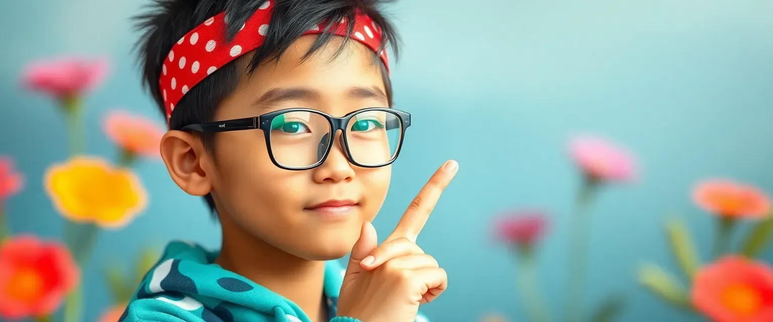 A 14-year-old Chinese-Sudanese boy named JingJing born mute but communicates through sign language; wears glasses & Aquapets-themed attire including headband mimicking Puku’s voice.