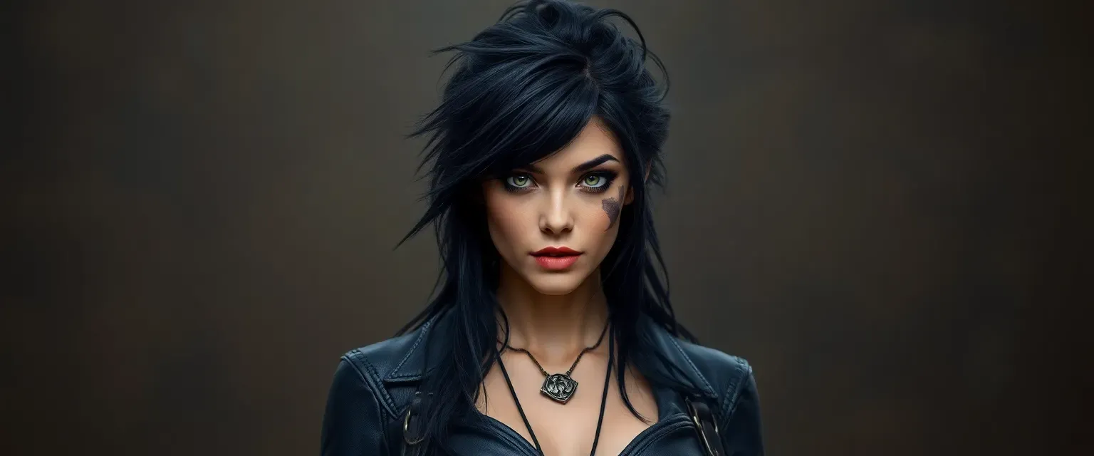 25-year-old woman with wild black hair, lean build, dark leathers, and a scar from temple to jaw, exuding a piercing gaze.