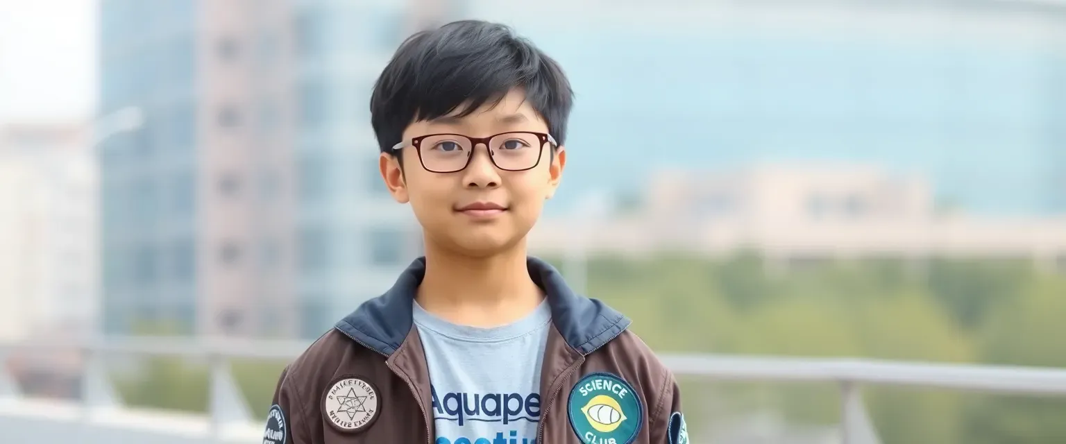 A cute 14-year-old Chinese-Sudanese boy named JingJing wears glasses and an Aquapets t-shirt under a jacket adorned with science club patches.