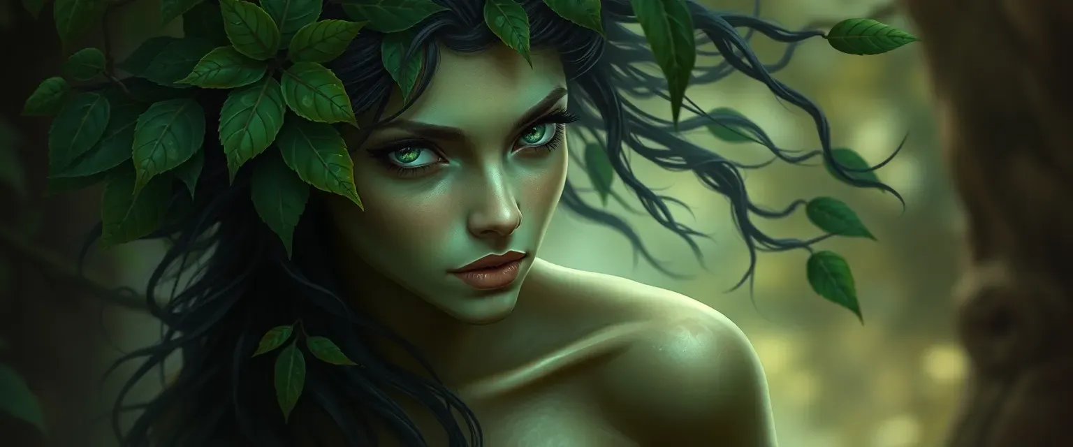 Lithe woman with greenish skin, dark wild hair with leaves, piercing emerald eyes, dressed in forest hues.