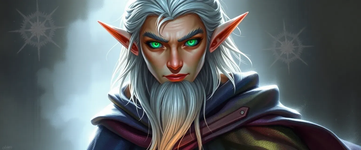 Tall elf wizard with silver hair, emerald eyes, wearing a shifting color robe and a shimmering cloak.