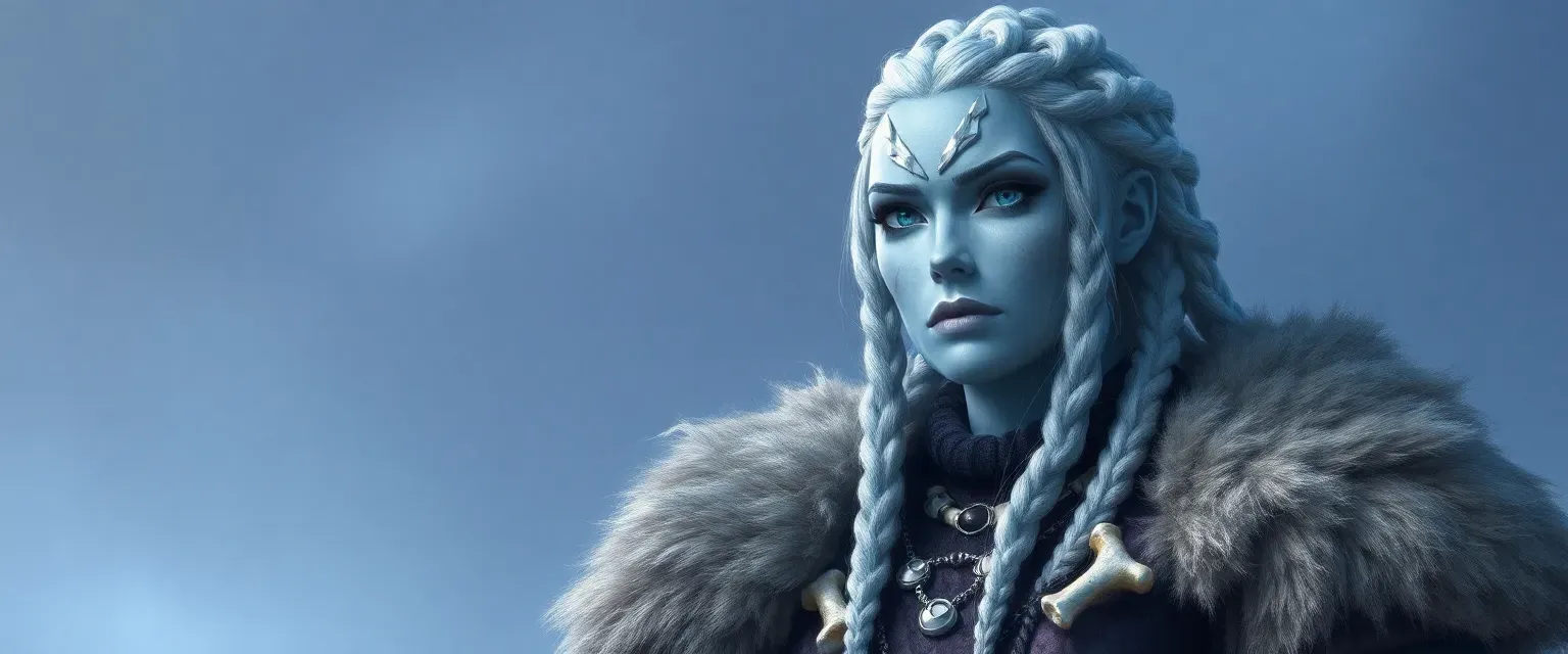 Tall Goliath frost giant woman with pale blue skin, icy blue eyes, silver braided hair, wearing furs and leathers adorned with bones.