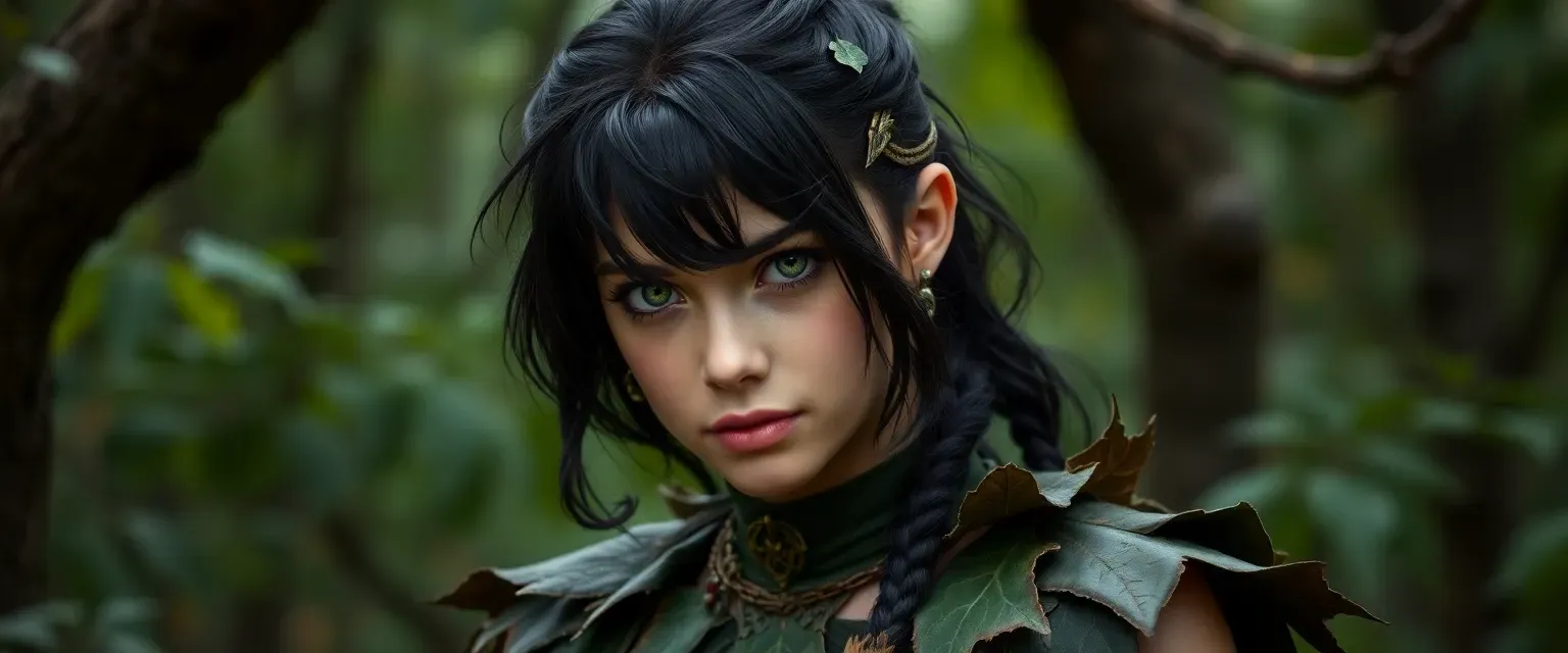 Young dhampir woman with dark hair, green eyes, wearing leaf and bark garments, in a forest setting.