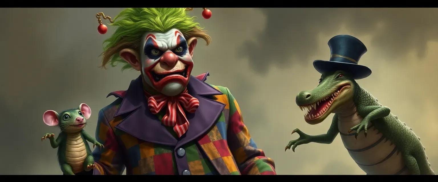 Towering clown ogre with vibrant, patchwork skin, wild green hair, and a tattered multi-colored suit, accompanied by a mutant rat and southern-speaking alligator.