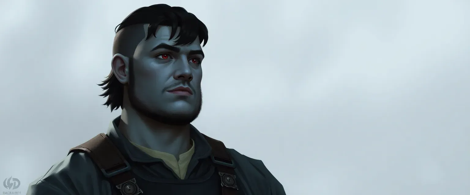 6'1, 230 lbs, light blue skin, red eyes, dark blue comb over hair, blacksmith attire.
