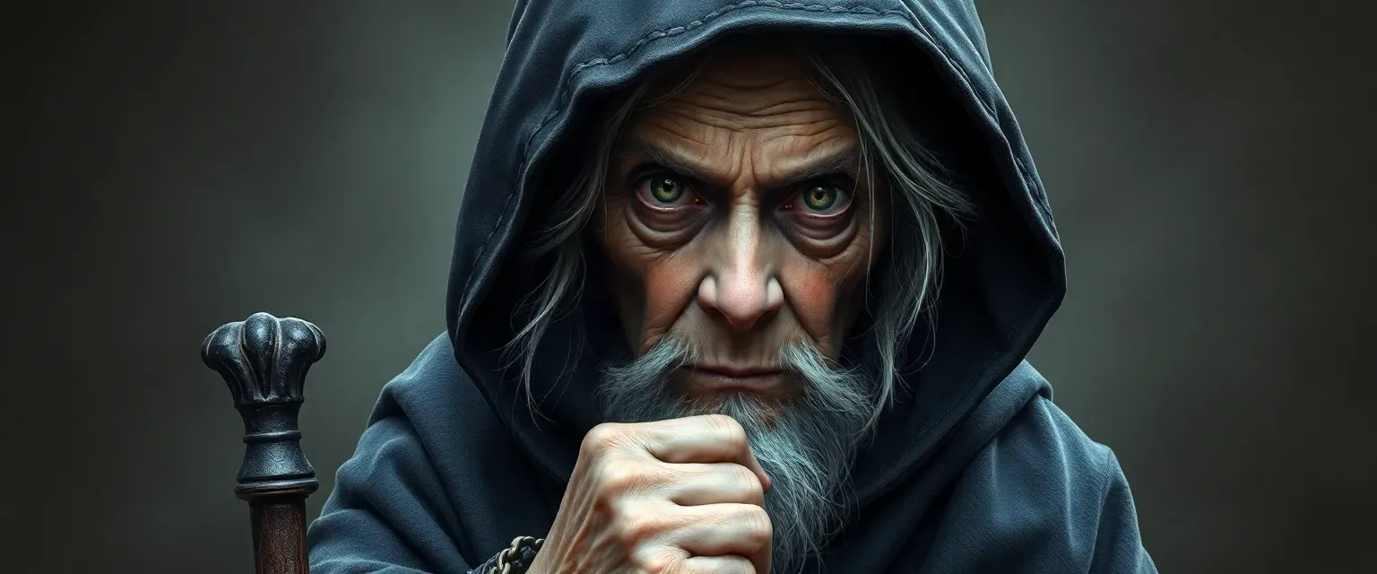 An elderly Slavic witch with a hooded cloak, using a cane, her face aged and wise, eyes piercing.