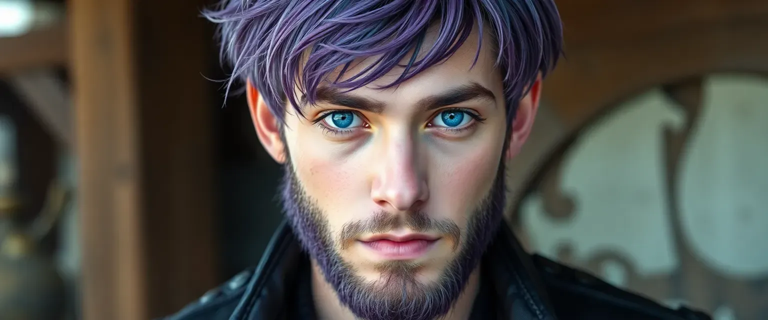 Young man with messy purple hair and beard, fair pinkish skin, and piercing blue eyes, wearing a dark leather jacket and boots.
