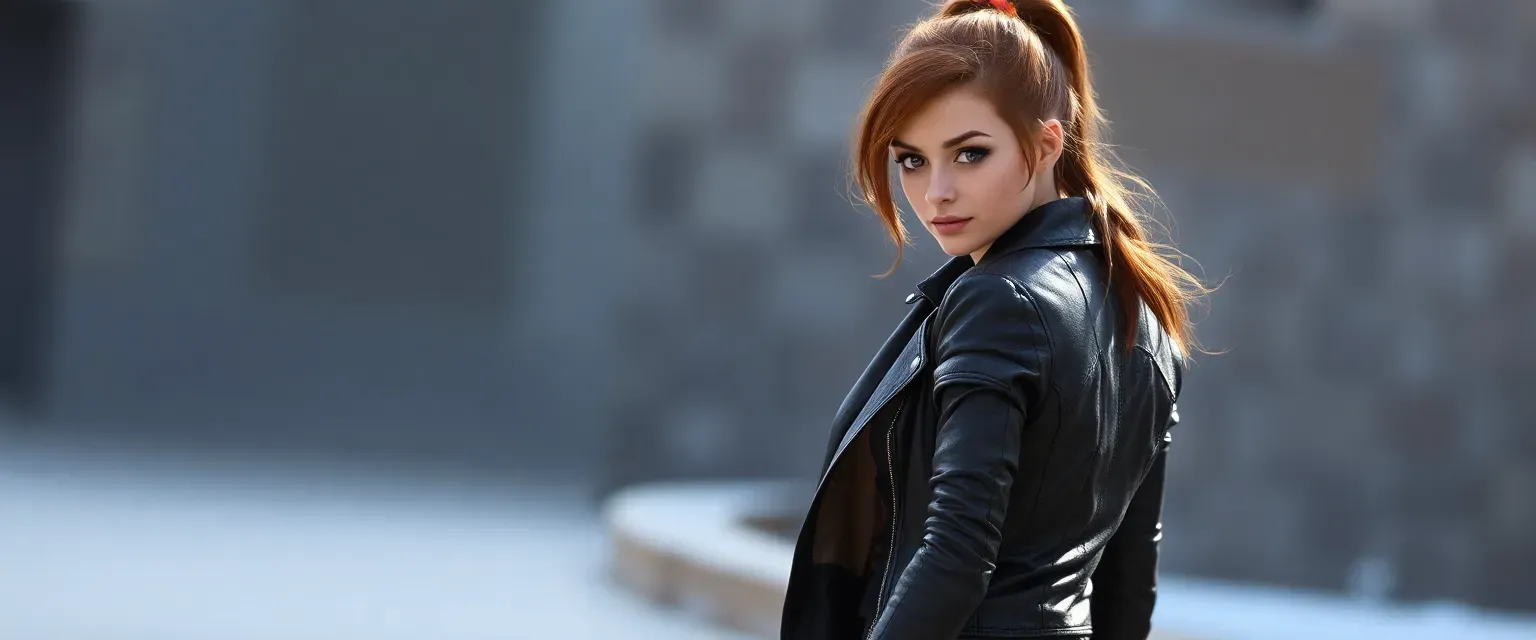 Young woman with chestnut hair in a ponytail, wearing a leather jacket and jeans, with a lion tattoo on her shoulder.