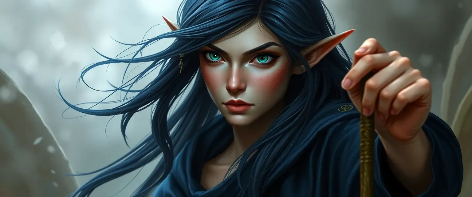 Lithe female elf wizard, about 200 years old, pale skin, emerald eyes, long midnight hair, indigo silk robes with sigils, faint cheek scar, subtle limp.