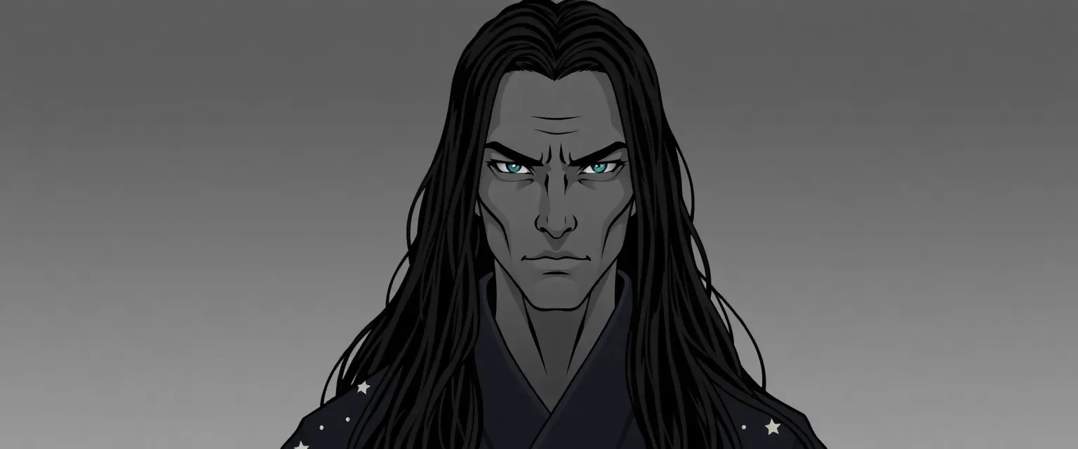 Pale gray skin, long jet black hair, robe with shifting stars, stoic expression.