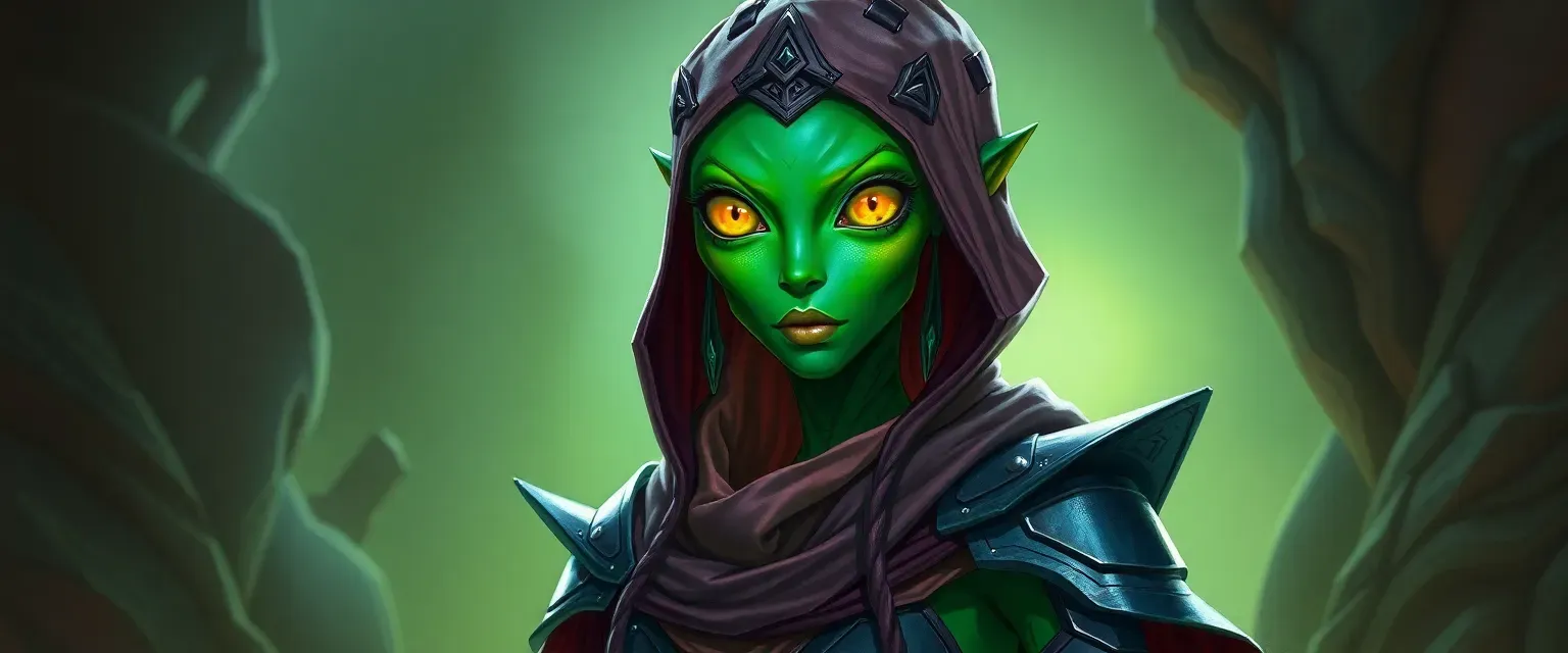 Tall alien woman with luminescent green skin, large colorful eyes, wearing protective armor and flowing robes.