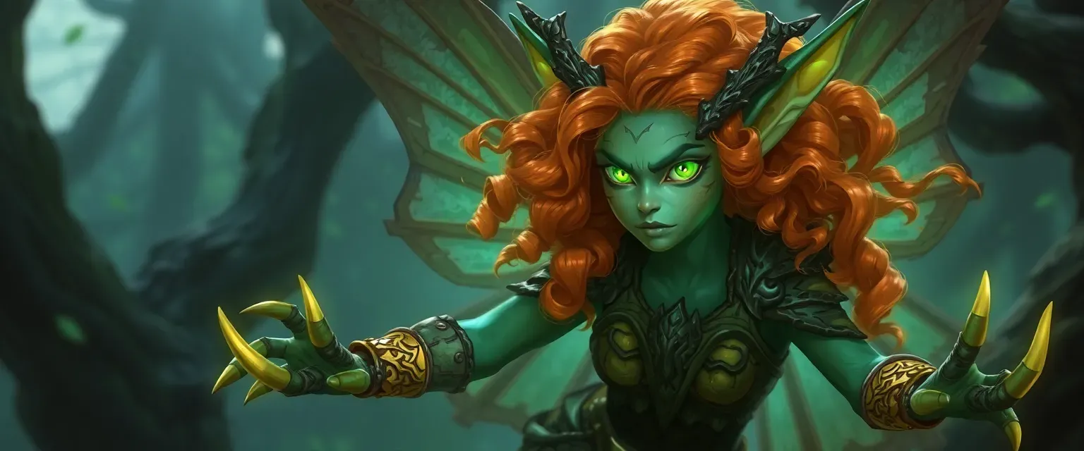 Arch fey with long curly orange hair, pointy ears, tree bark armor, glowing green eyes, golden claw cuffs, and butterfly wings.