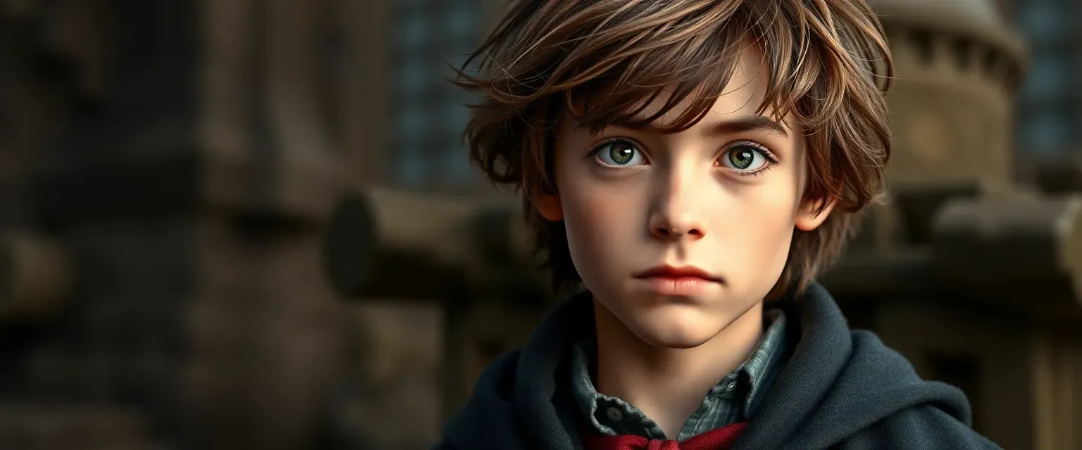 13-year-old boy with unruly brown hair and thoughtful hazel eyes, wearing a slightly askew Hogwarts robe.