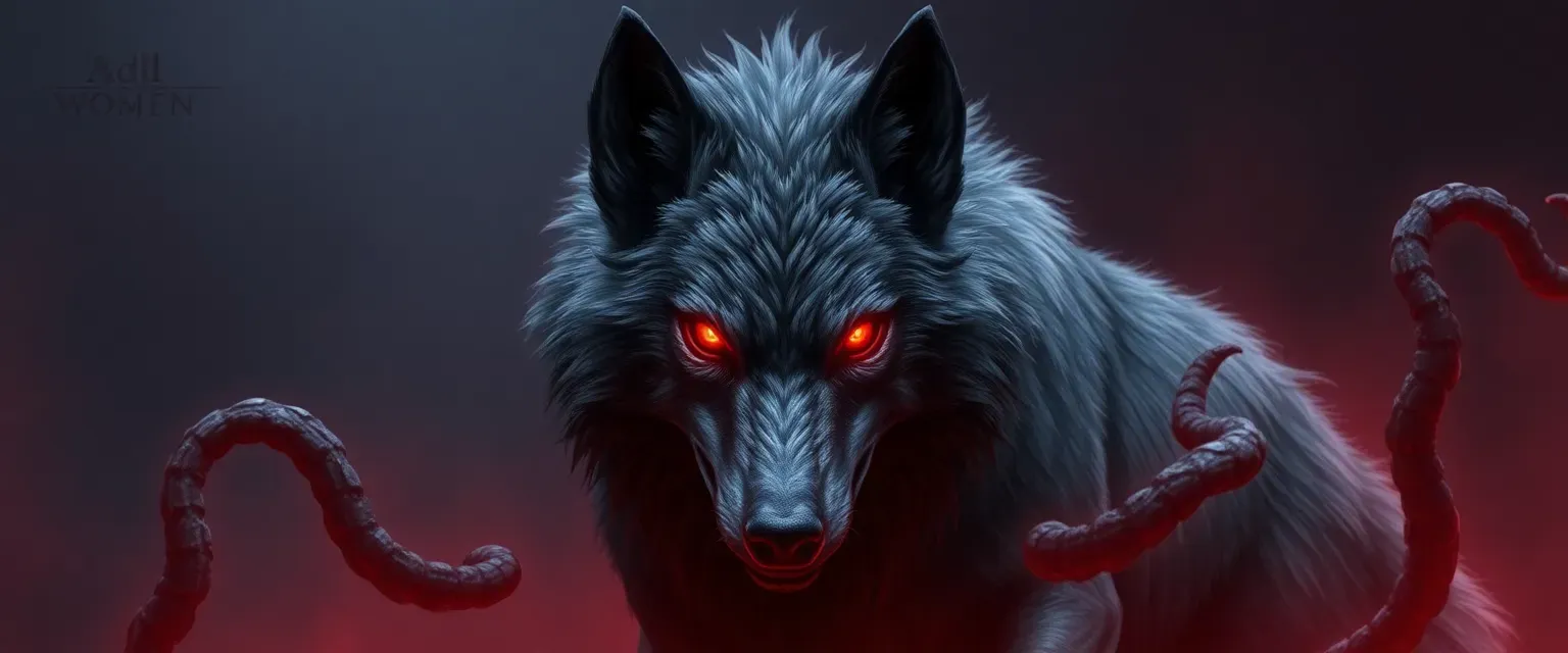 Dark grey alpha wolf with red glowing eyes, able to summon tentacles through rituals.