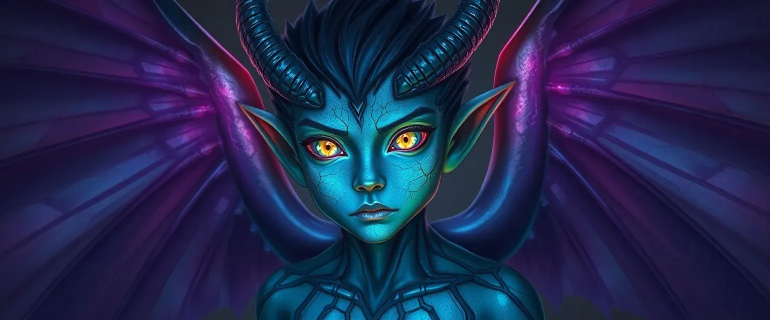 Young Aasimar with glowing blue eyes, metallic skin cracks, and large, beautiful wings.