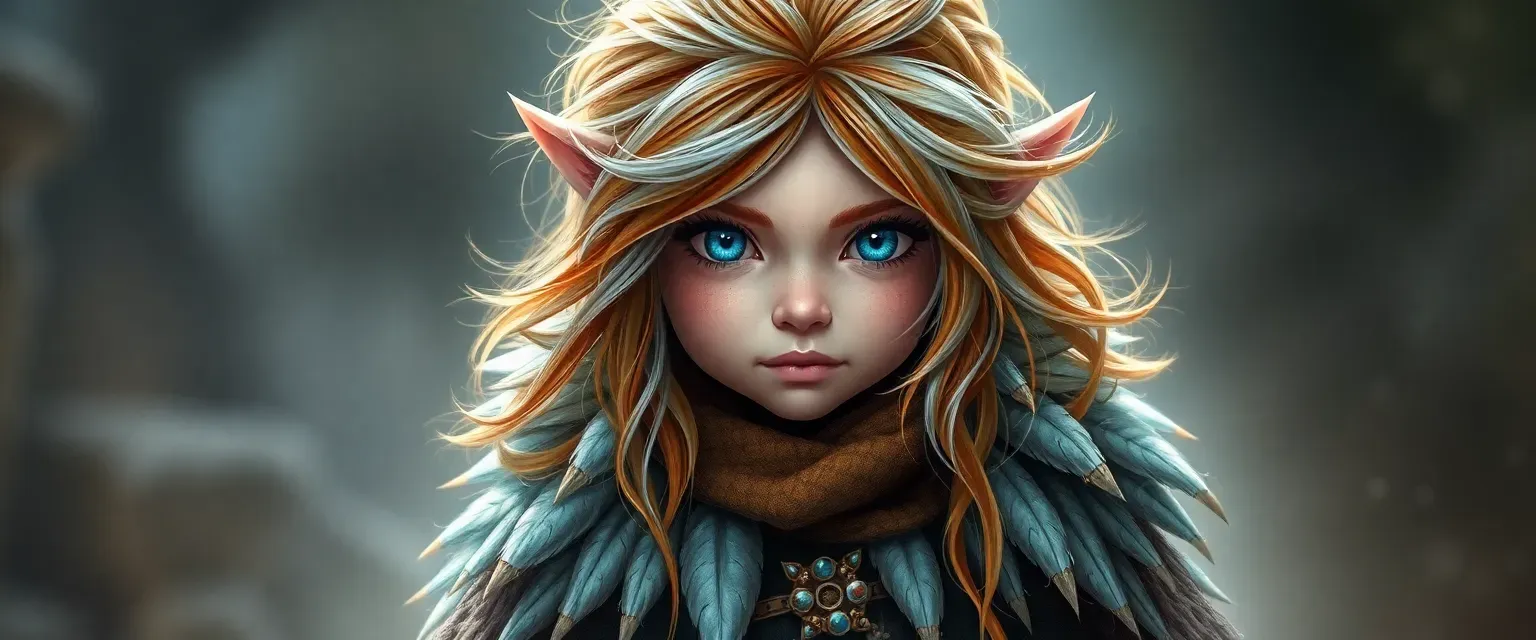 A gnome druid with silver-streaked chestnut hair, piercing blue eyes, wearing an ice phoenix feather cloak and frost wyrm boots.