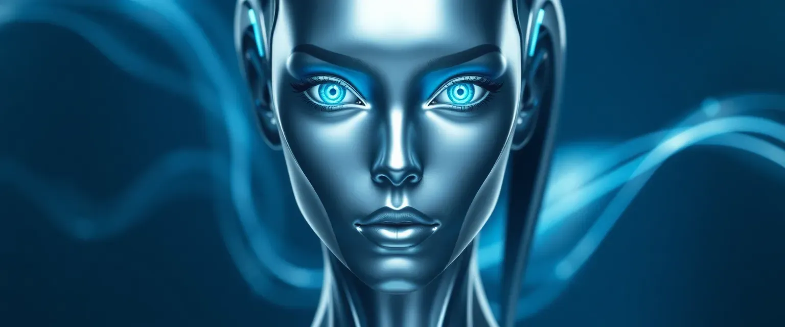 Sleek metallic avatar with fluid form, azure glowing eyes, and a harmonious synthetic voice.