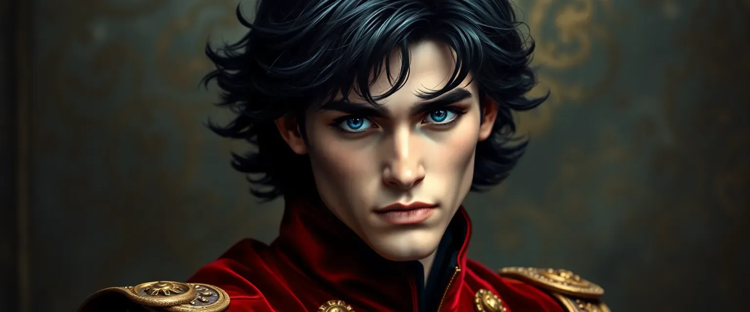 A young prince with raven-black hair and deep blue eyes, dressed in rich velvet and gold, exuding arrogance and hidden darkness.