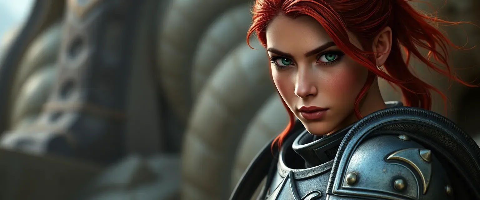 Young woman with dark skin, red hair, green eyes, wearing half plate armor.