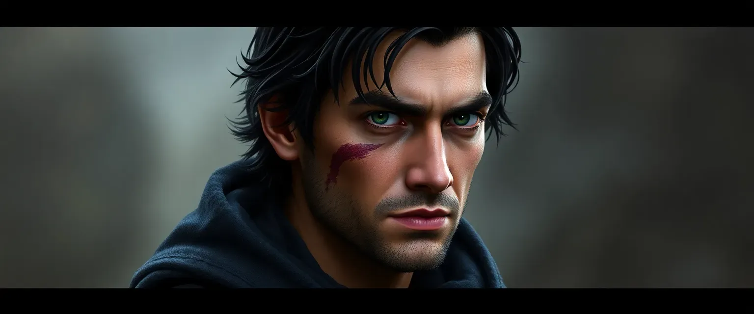Mid-20s man, dark hair, stormy eyes, scar on face, wearing dark, practical clothes.