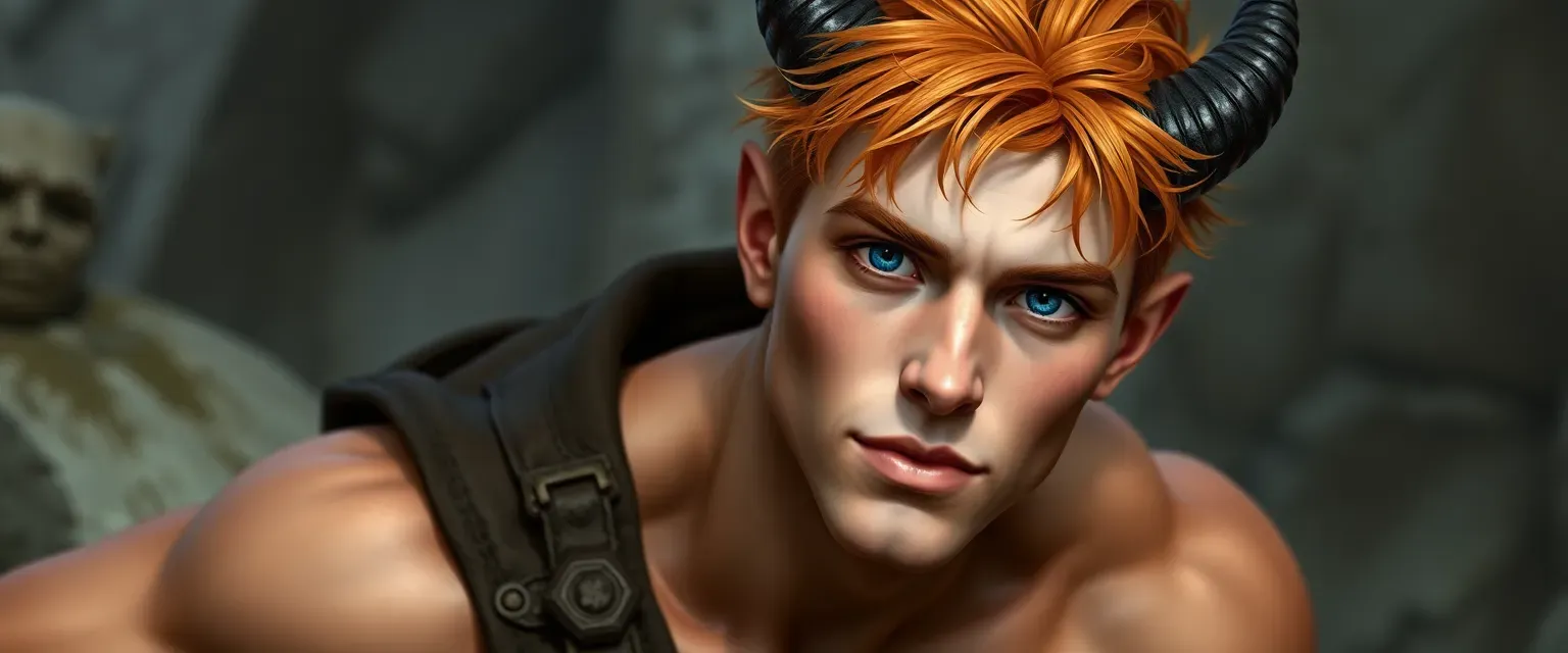 Pale young man, early 20s, ginger-orange hair, blue eyes, black horns turning red at tips, wiry muscular build, 160 cm tall.