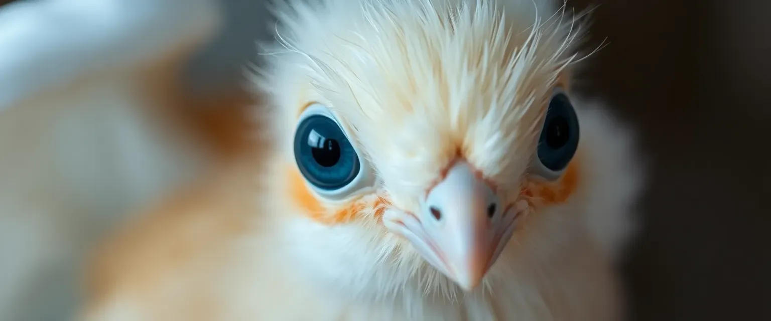 Fragile eggshell body, large sorrowful blue eyes, wispy down feathers, delicate and vulnerable appearance.