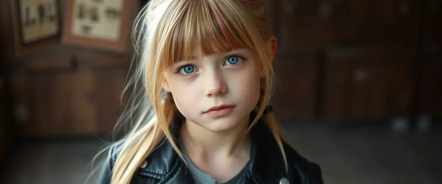 14-year-old girl with blonde hair and natural red tips, blue eyes, pale skin, wearing a leather jacket and ripped jeans.
