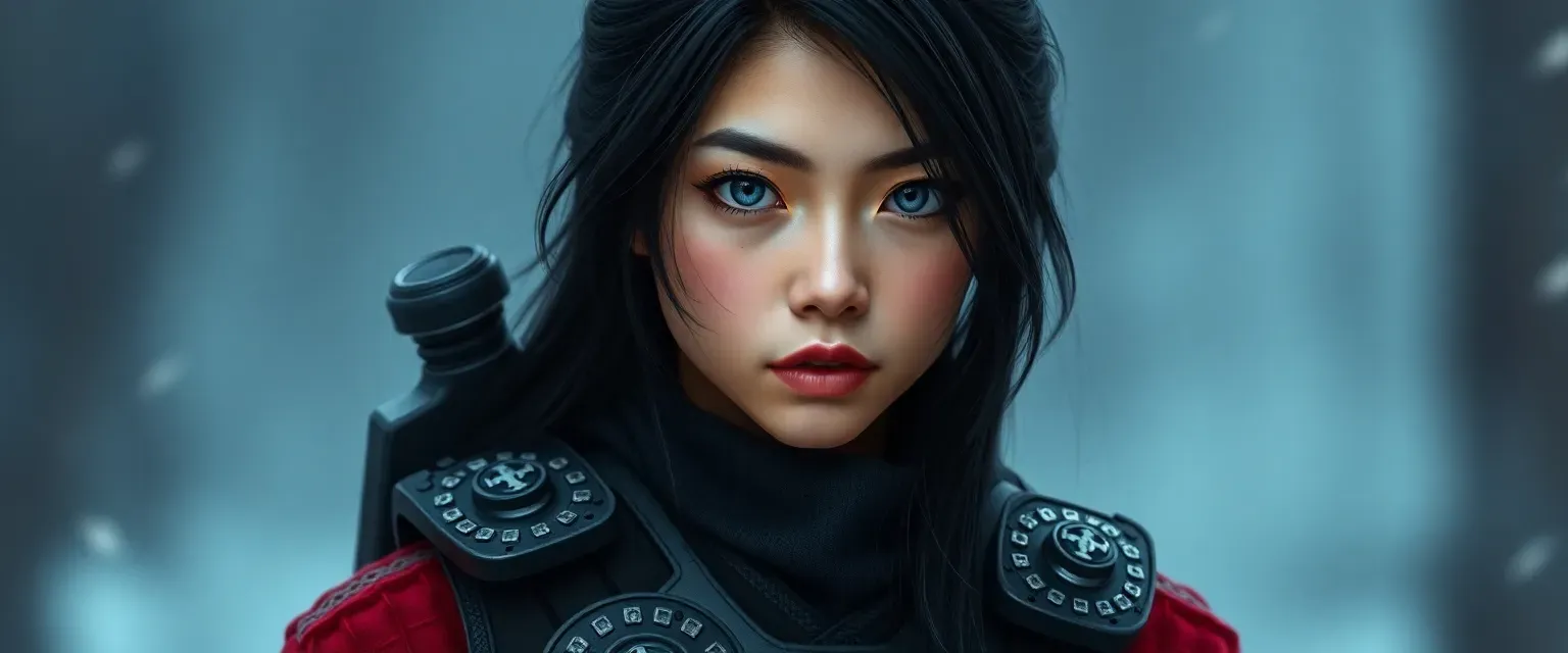 20-year-old Asian woman with jet-black hair and deep mid-light blue eyes, wearing dark combat gear.