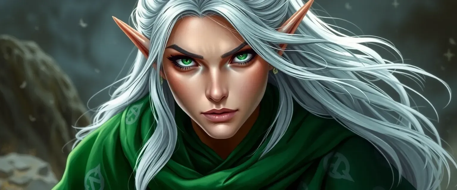 Silver-haired elf woman in green robes with silver runes, stern yet kind expression, emerald eyes.