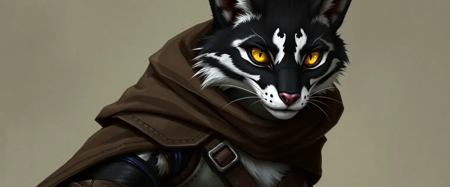 Tall tabaxi ranger, black-and-white fur, yellow eyes, leather outfit, cloak, worn boots.