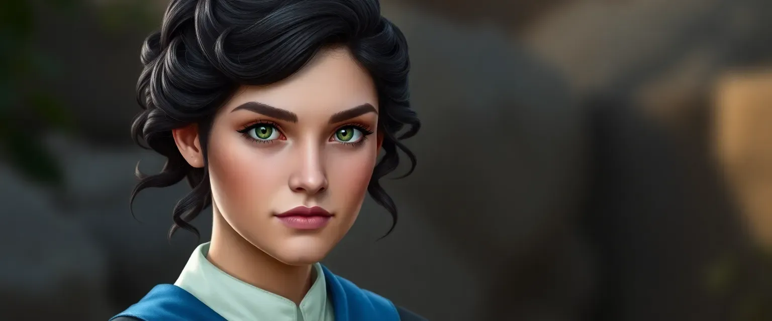 32-year-old woman with dark curls in a bun, green eyes, wearing a modified habit with a blue sash.