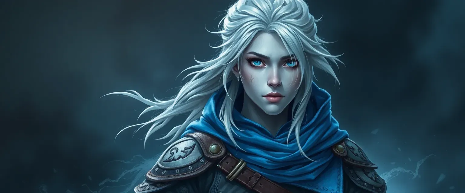 Air genasi ranger, stormy sky skin, silver-gray hair, azure eyes, blue cloak, leather armor with wind symbols.