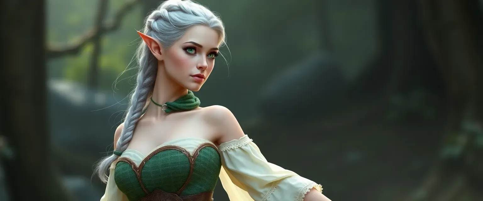 Tall, slender elf woman in her apparent 20s with pale luminescent skin, silver braided hair, emerald eyes, wearing green wool bodice, cream blouse, and sturdy boots; graceful and poised.