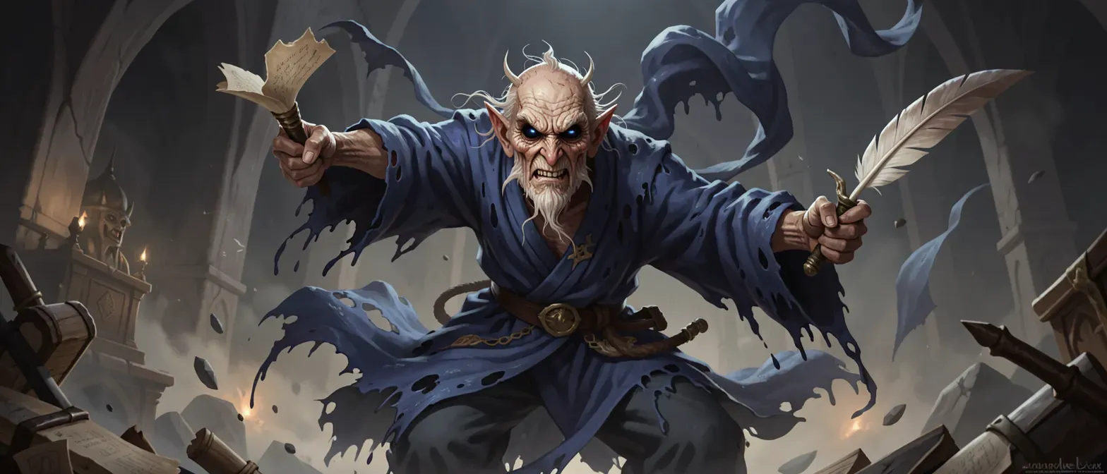 An elderly ink-like Darkner in dripping blue robes, with void eyes and a bone quill, aged and parchment-faced.