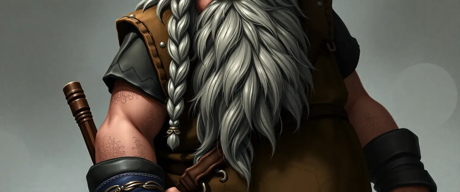 Stout dwarf with silver-streaked braided beard, wearing a leather apron, holding a hammer at his belt.