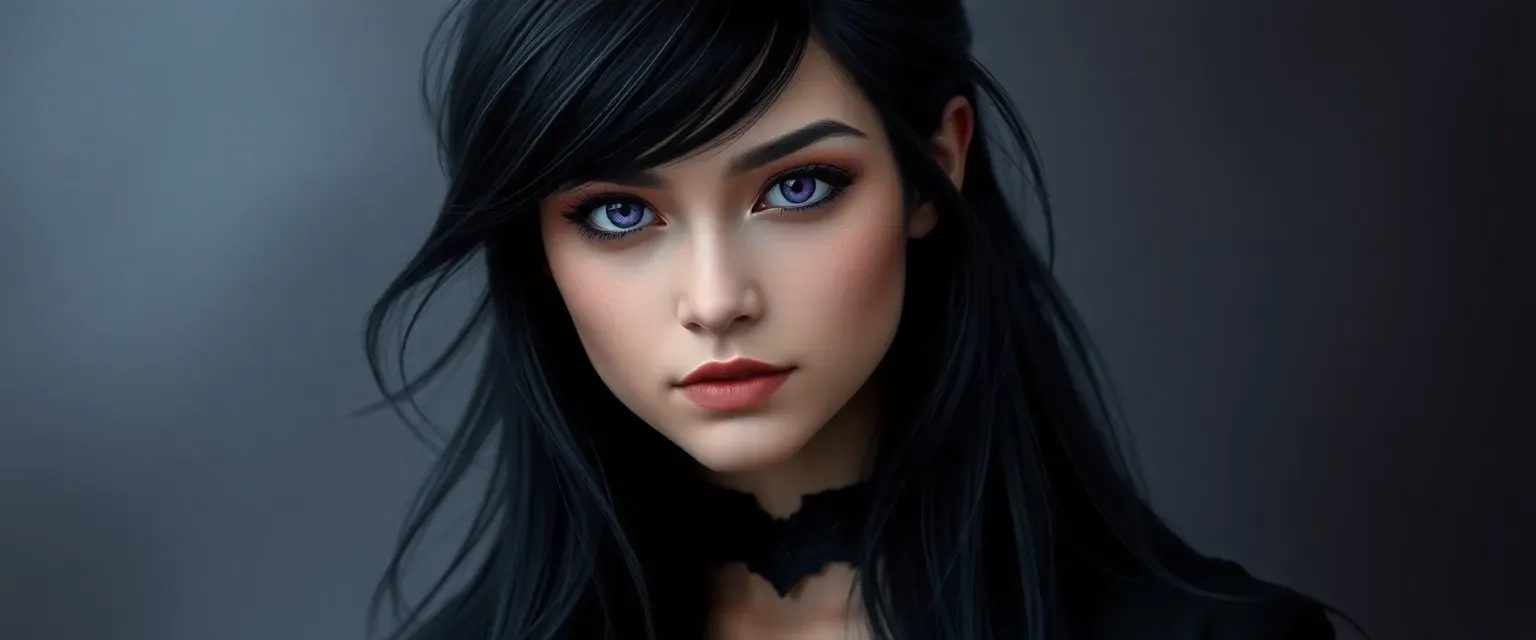 26-year-old woman with long black hair, violet eyes, wearing a dark, flowing gothic dress.