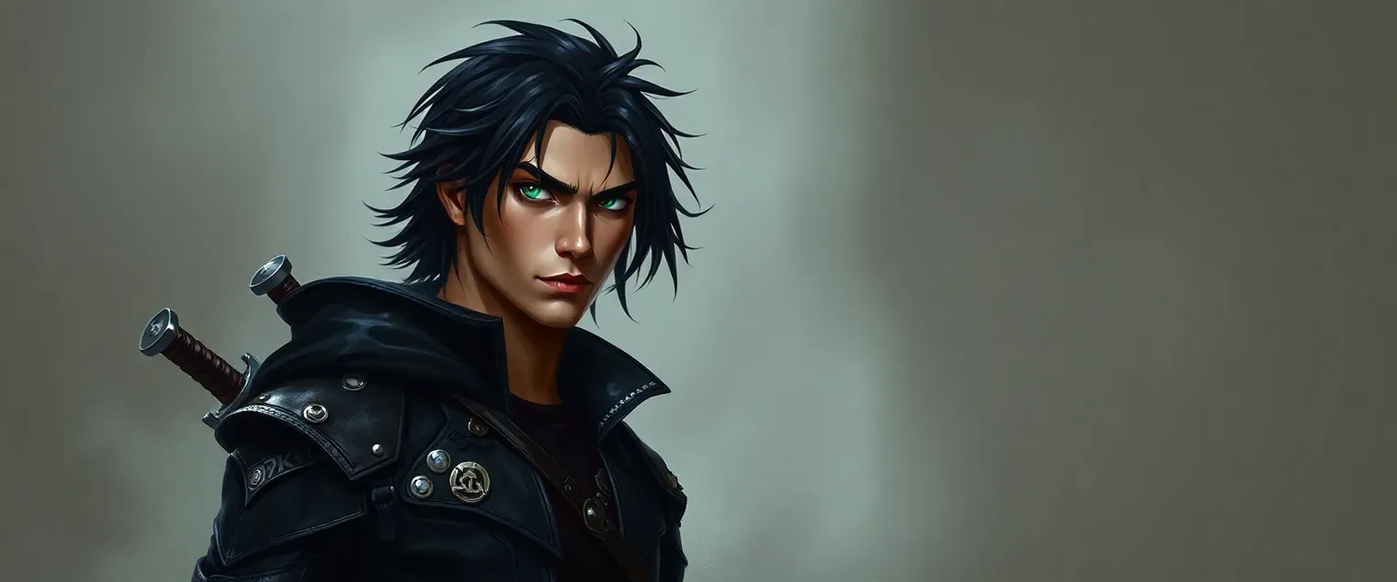 Tall, lean man with black hair and emerald eyes, dressed in dark leathers with hidden blades.